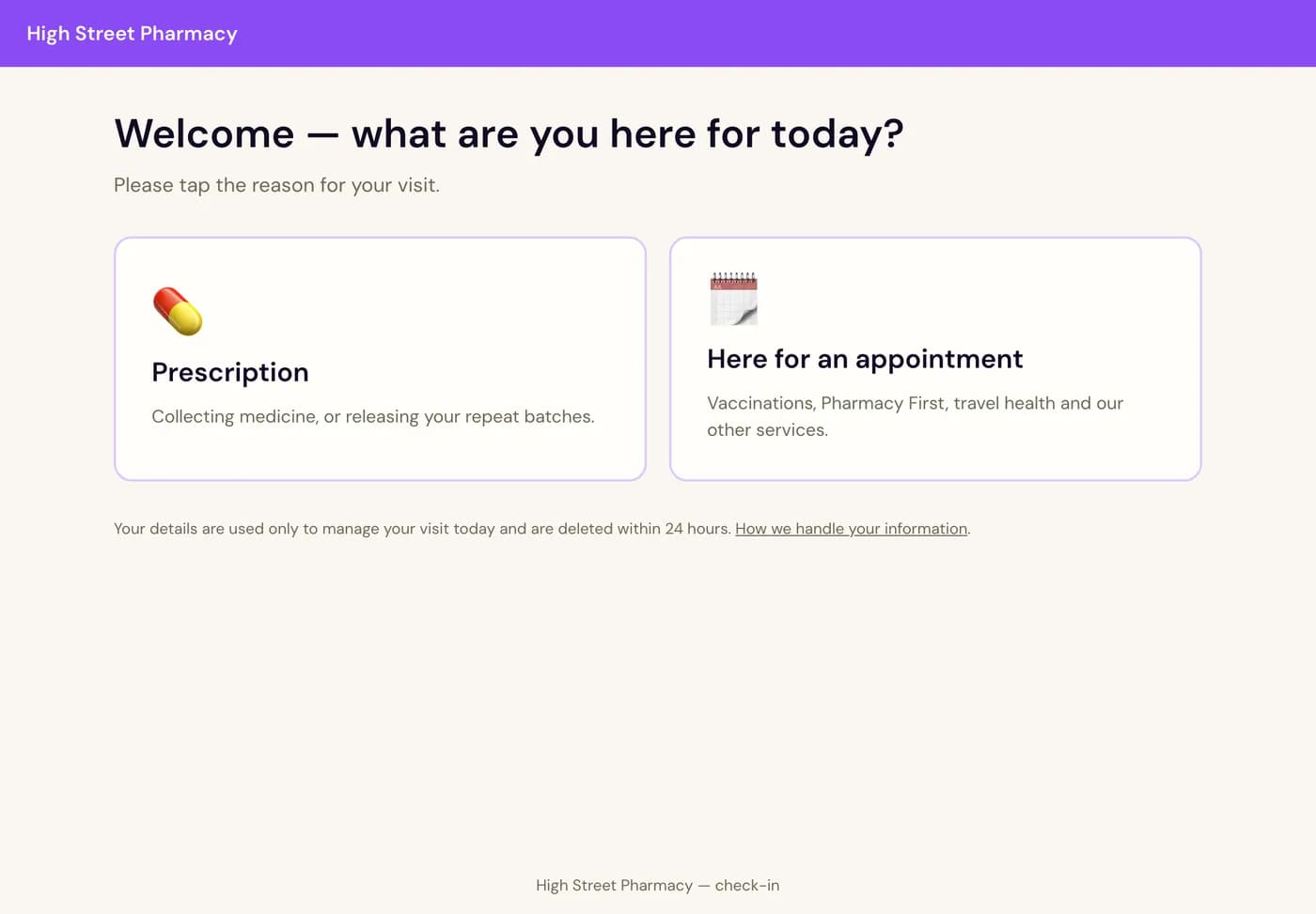 Cypher check-in kiosk on an iPad: Prescription, or Here for an appointment