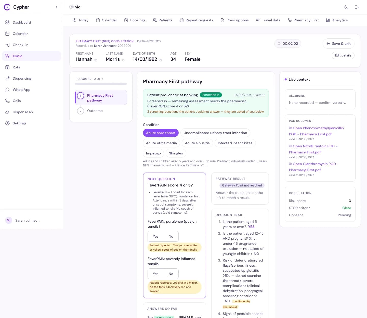 The pharmacist's Pharmacy First step, with the patient's answers marked as patient reported